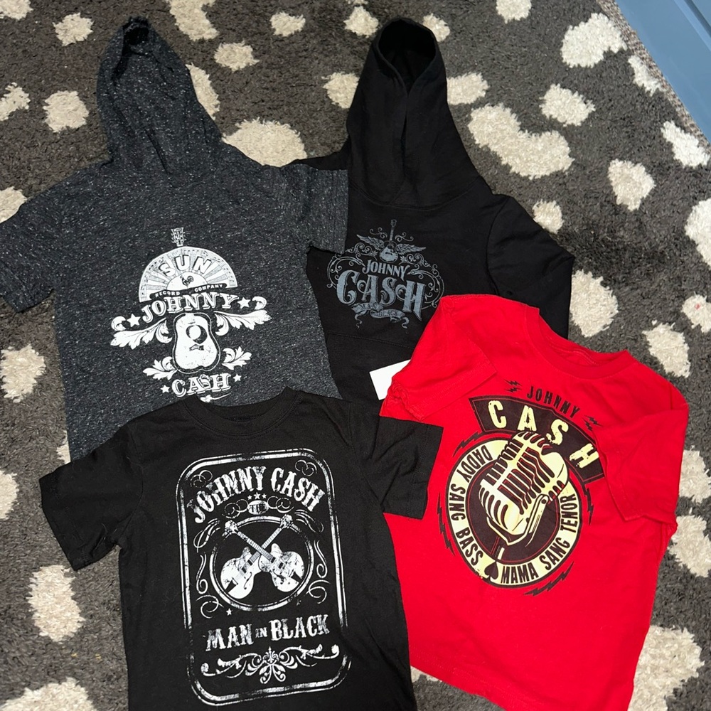 Kids Black Johnny Cash Graphic Hoodies and T-shirts.